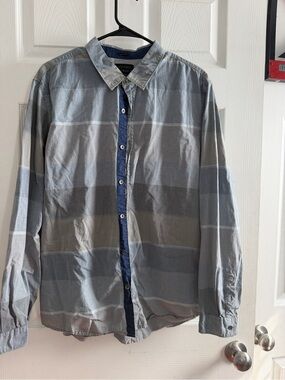 Guess Men's Gray and Blue Striped Button-Down Shirt